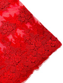 Corded Floral 3D Fabric - Red - Embroidered Floral Design on Lace Mesh Fabric by Yard