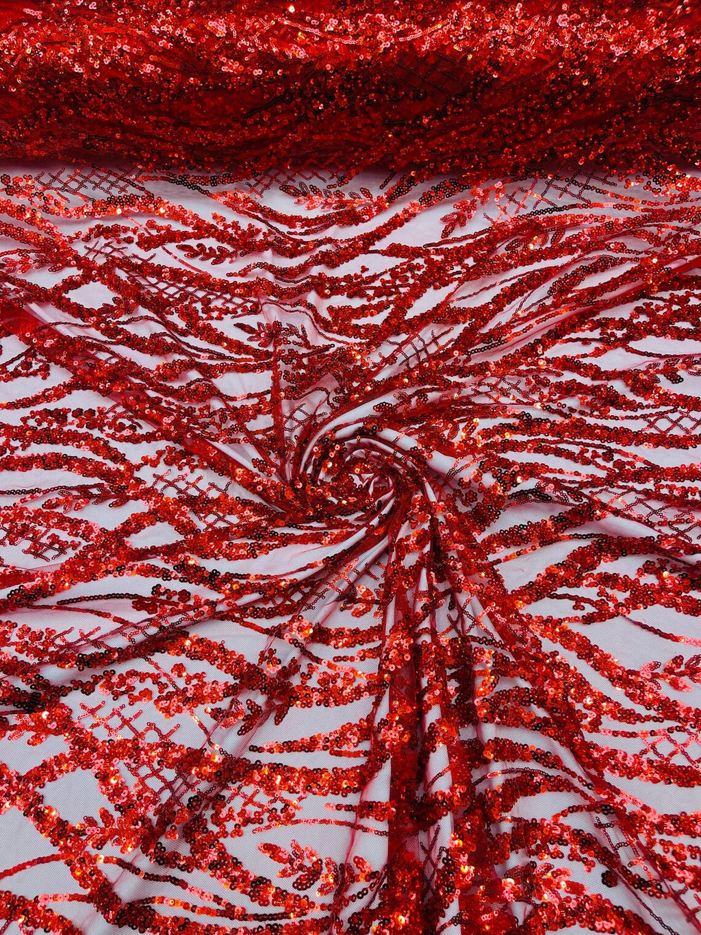 Floral Beaded Wavy Fabric - Red - Beaded Sequins Wavy Embroidered Fabric Sold By Yard
