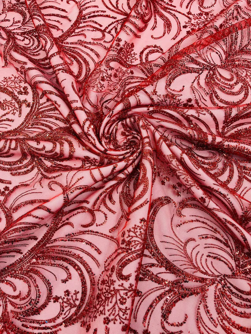 Glitter Palm Leaf Design Fabric - Red - Tulle Mesh Glitter Leaf Design Fabric Sold By Yard