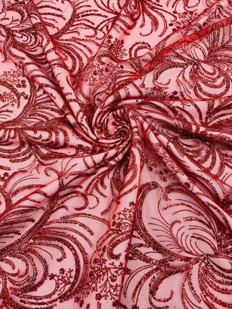 Glitter Palm Leaf Design Fabric - Red - Tulle Mesh Glitter Leaf Design  Fabric Sold By Yard