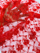 Embroidered Flower Fabric - Red - Floral Design Scalloped Border Fabric By Yard