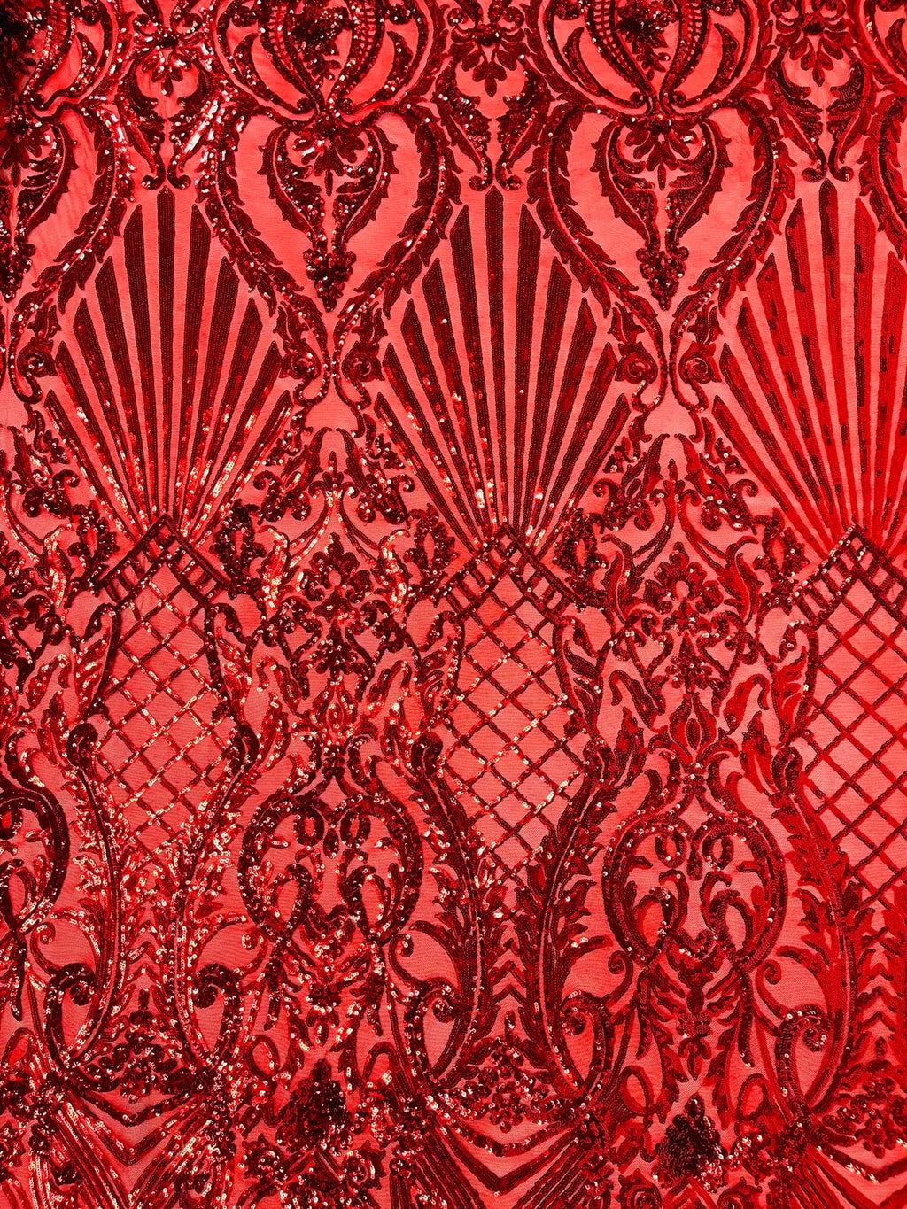 Damask Geometric Sequins - Red #2 - 4 Way Stretch Sequins Damask Pattern Design Sold By Yard