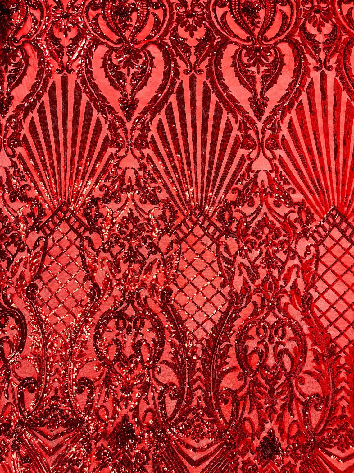 Damask Geometric Sequins - Red #2 - 4 Way Stretch Sequins Damask Pattern Design Sold By Yard