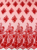 Metallic Corded Lace - Red - Paisley Floral Fabric with Metallic Thread on a Mesh Lace By Yard