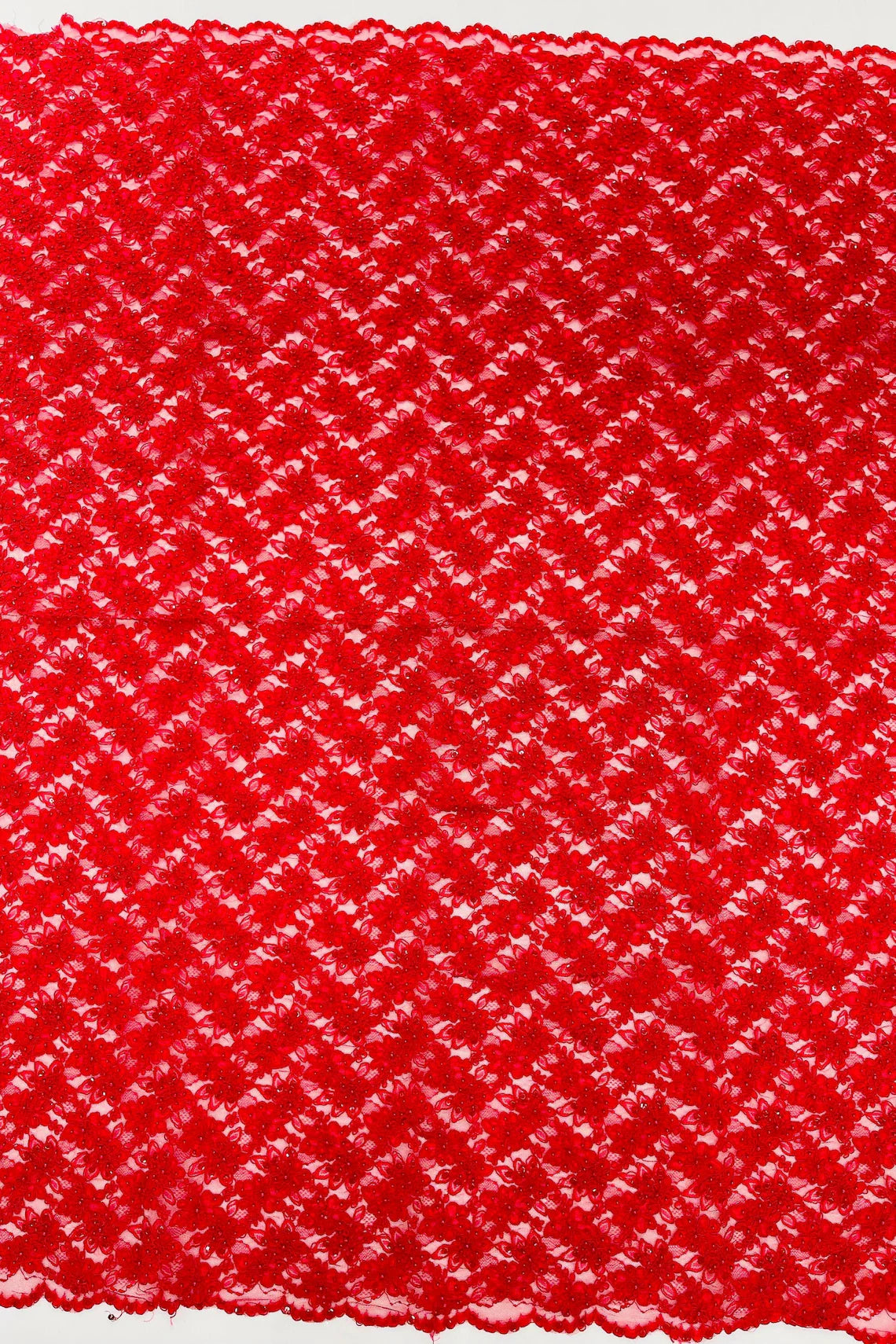 Floral Pearls and Sequins Fabric - Red - Beaded Fabric Embroidered Lace By The Yard