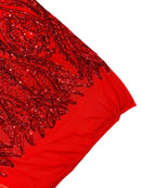 Mermaid Design Sequins Fabric - Red - Sequins Fabric 4 Way Stretch on Mesh By Yard
