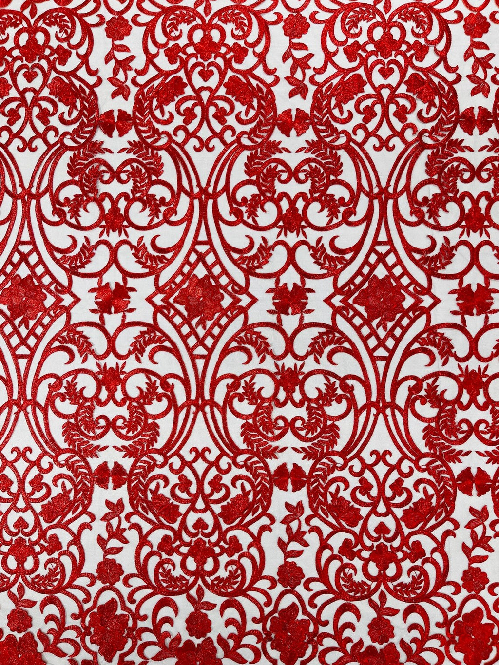 Fancy Damask Lace Fabric - Red on Black - Embroidered Damask Design Mesh on Lace Fabric by Yard