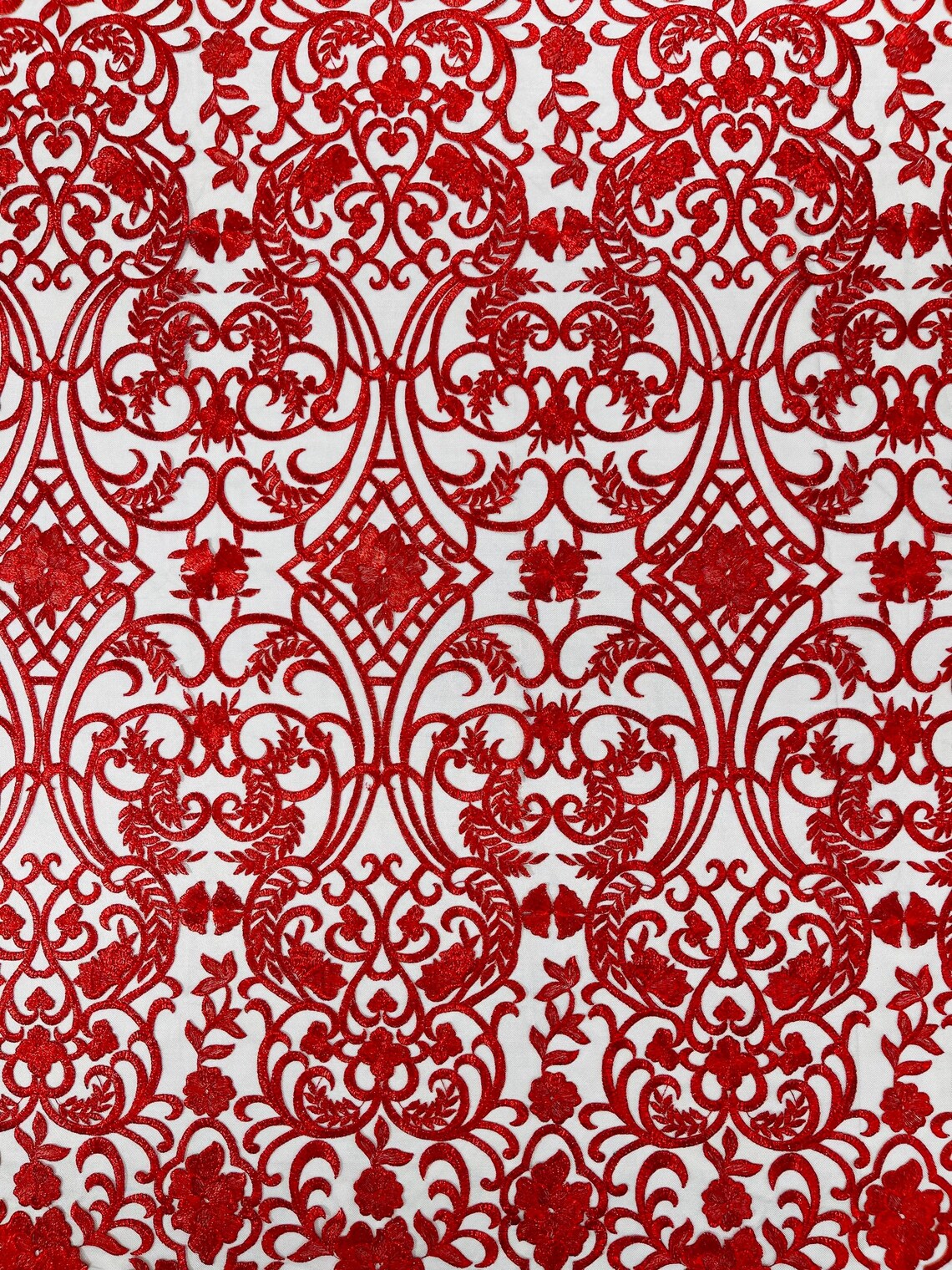 Fancy Damask Lace Fabric - Red on Black - Embroidered Damask Design Mesh on Lace Fabric by Yard