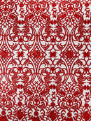 Fancy Damask Lace Fabric - Red on Black - Embroidered Damask Design Mesh on Lace Fabric by Yard