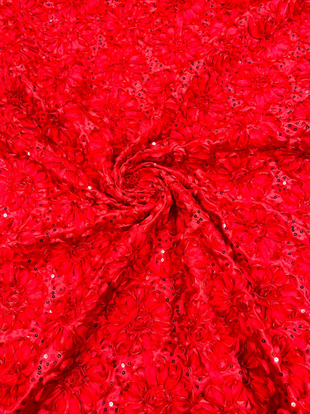Satin Rosette Sequins Fabric - Red - 3D Rosette Satin Rose Fabric with Sequins By Yard