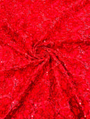 Satin Rosette Sequins Fabric - Red - 3D Rosette Satin Rose Fabric with Sequins By Yard