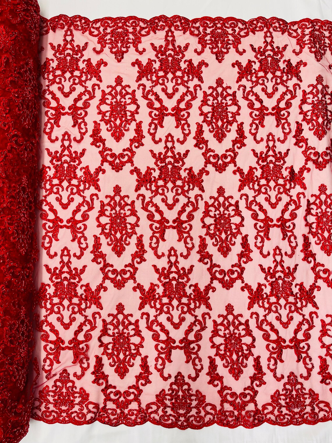 Butterfly Bead Sequins Fabric - Red - Damask Beaded Sequins Lace Fabric by the yard