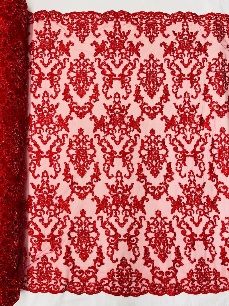 Butterfly Bead Sequins Fabric - Red - Damask Beaded Sequins Lace Fabric by the yard