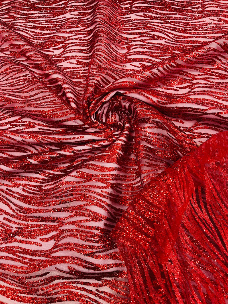Zebra Stripe Glitter Fabric - Red - Glitter Design Zebra Lines on Lace Fabric By Yard