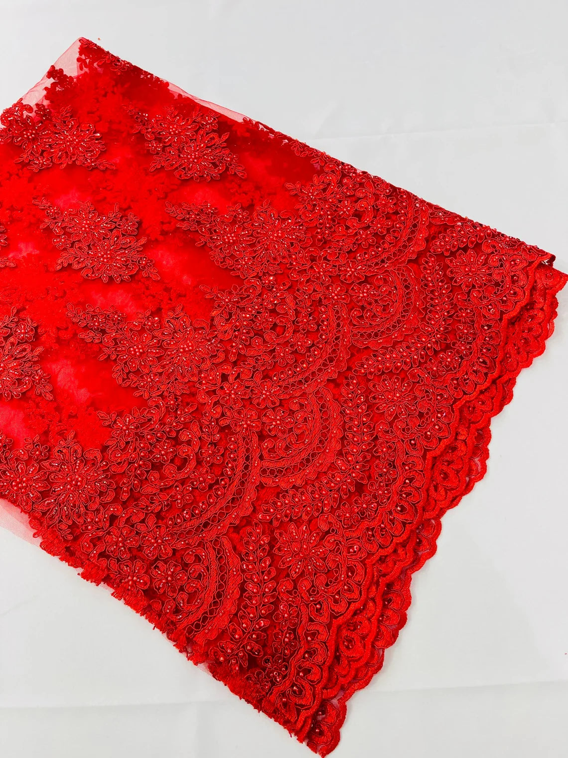 Beaded Flower Cluster Fabric - Red - Embroidered Beaded Fancy Border Floral Fabric Sold By Yard