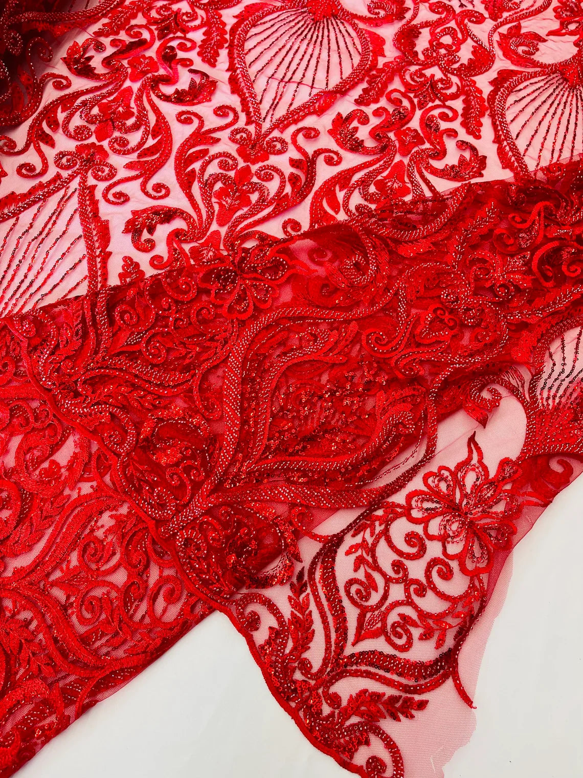 Damask Leaf Bead Fabric - Red - Heavy Beaded Embroidered Sequins Lace Fabric by Yard