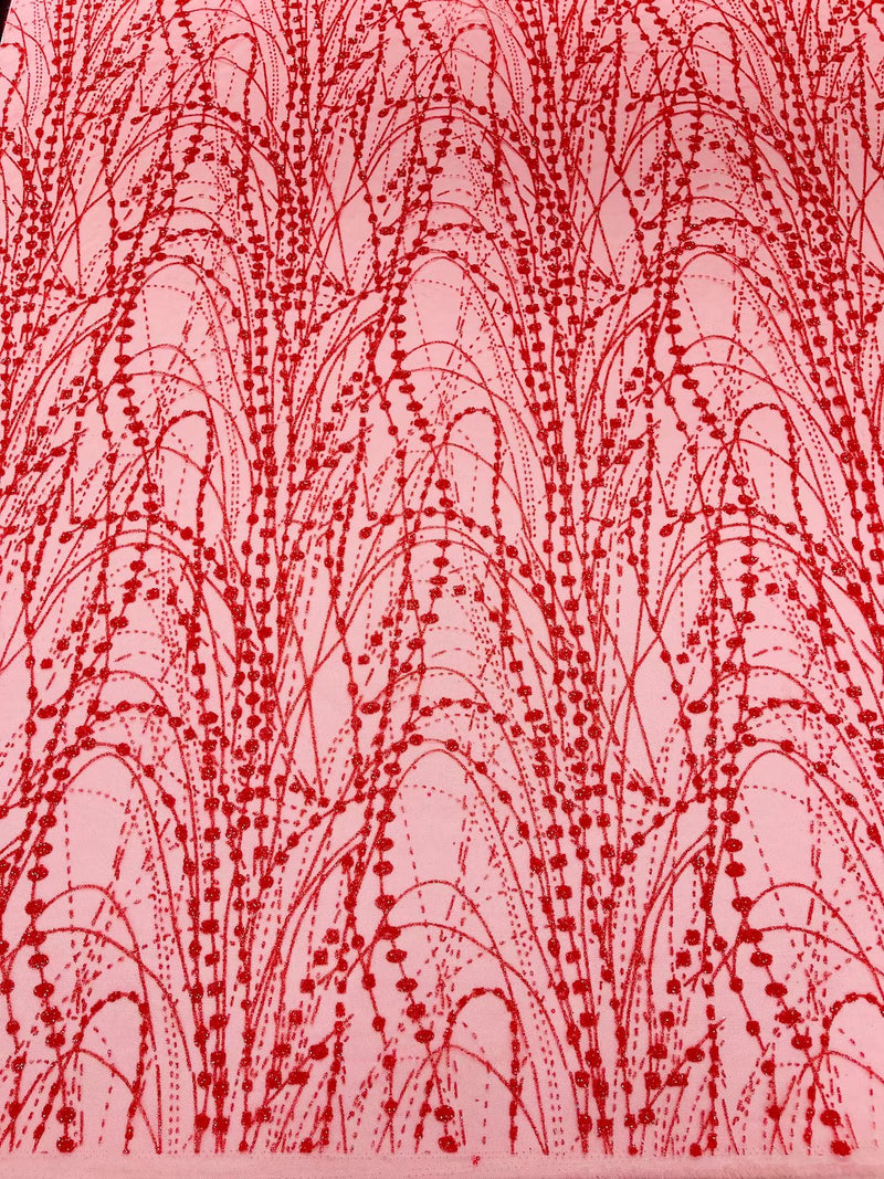 Tulle Glitter Fancy Line Fabric - Red - Tulle Fabric with Sparkle Glitter Design Sold By Yard