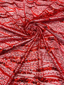 Wavy Design Beaded Fabric - Red - Beaded Wavy Leaf Embroidered Fabric By Yard