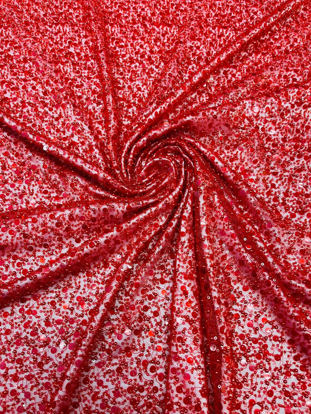 Heavy Duty Sequins Pearl Fabric - Red - Heavy Handmade Embroidery Lace with Sequins All Over By Yard