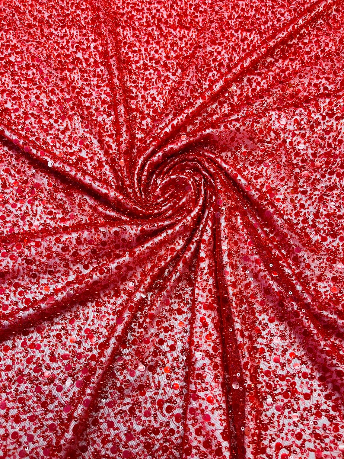 Heavy Duty Sequins Pearl Fabric - Red - Heavy Handmade Embroidery Lace with Sequins All Over By Yard