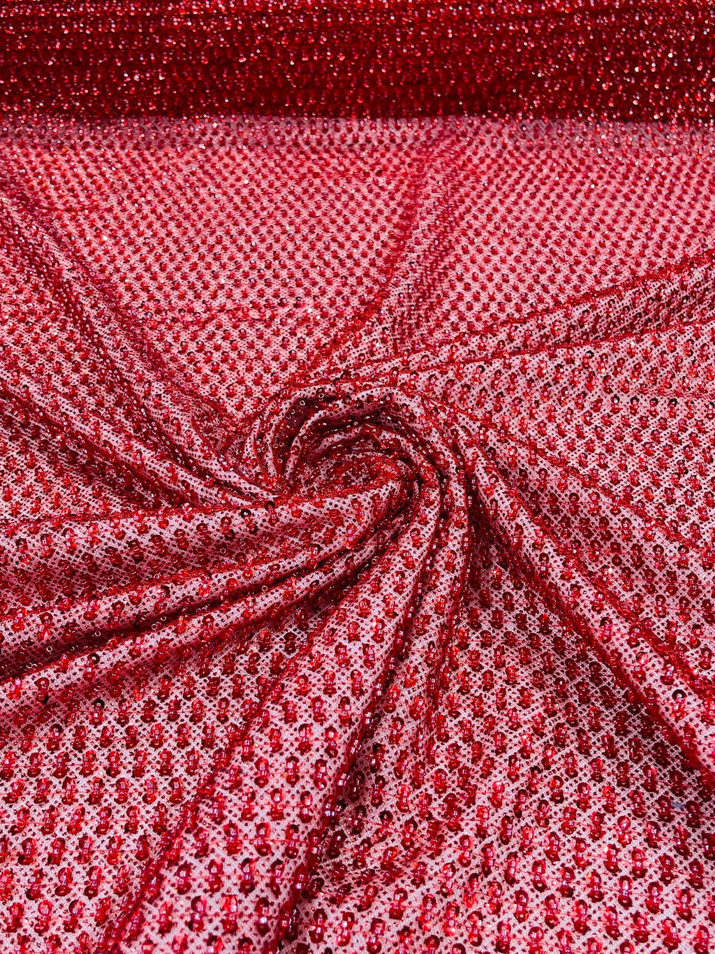 Beaded Glitter Tulle Fabric - Red - 60" Wide Shiny Glitter Mesh Fabric Sold By The Yard