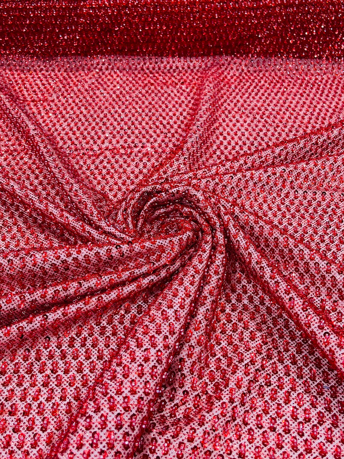 Beaded Glitter Tulle Fabric - Red - 60" Wide Shiny Glitter Mesh Fabric Sold By The Yard