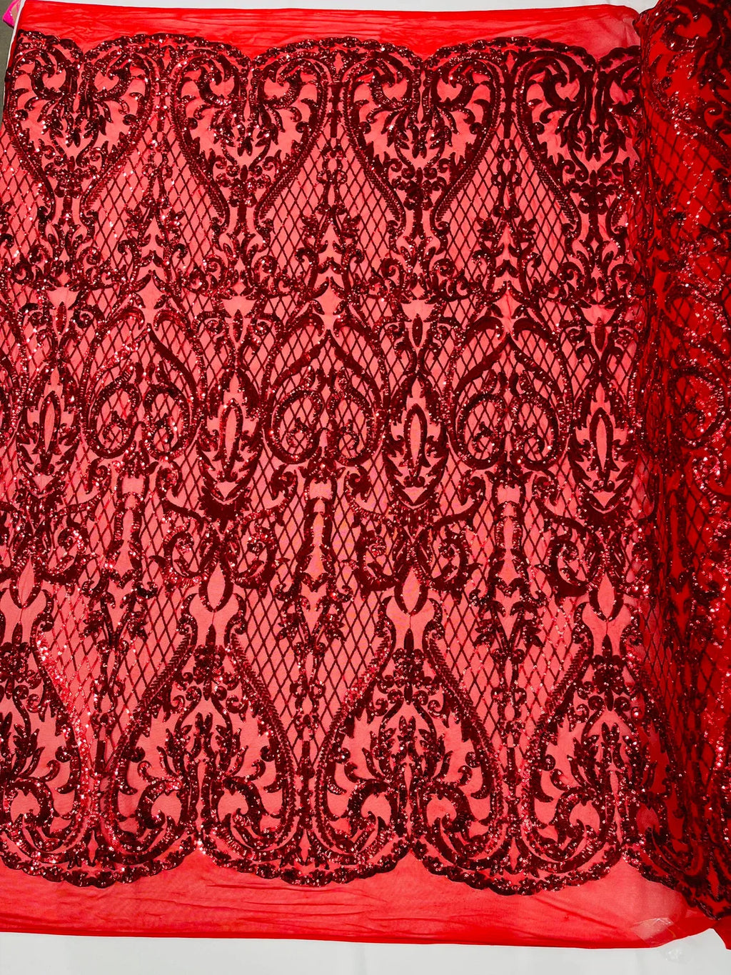 Heart Damask Sequins - Red - 4 Way Stretch Elegant Shiny Net Sequins Fabric By Yard