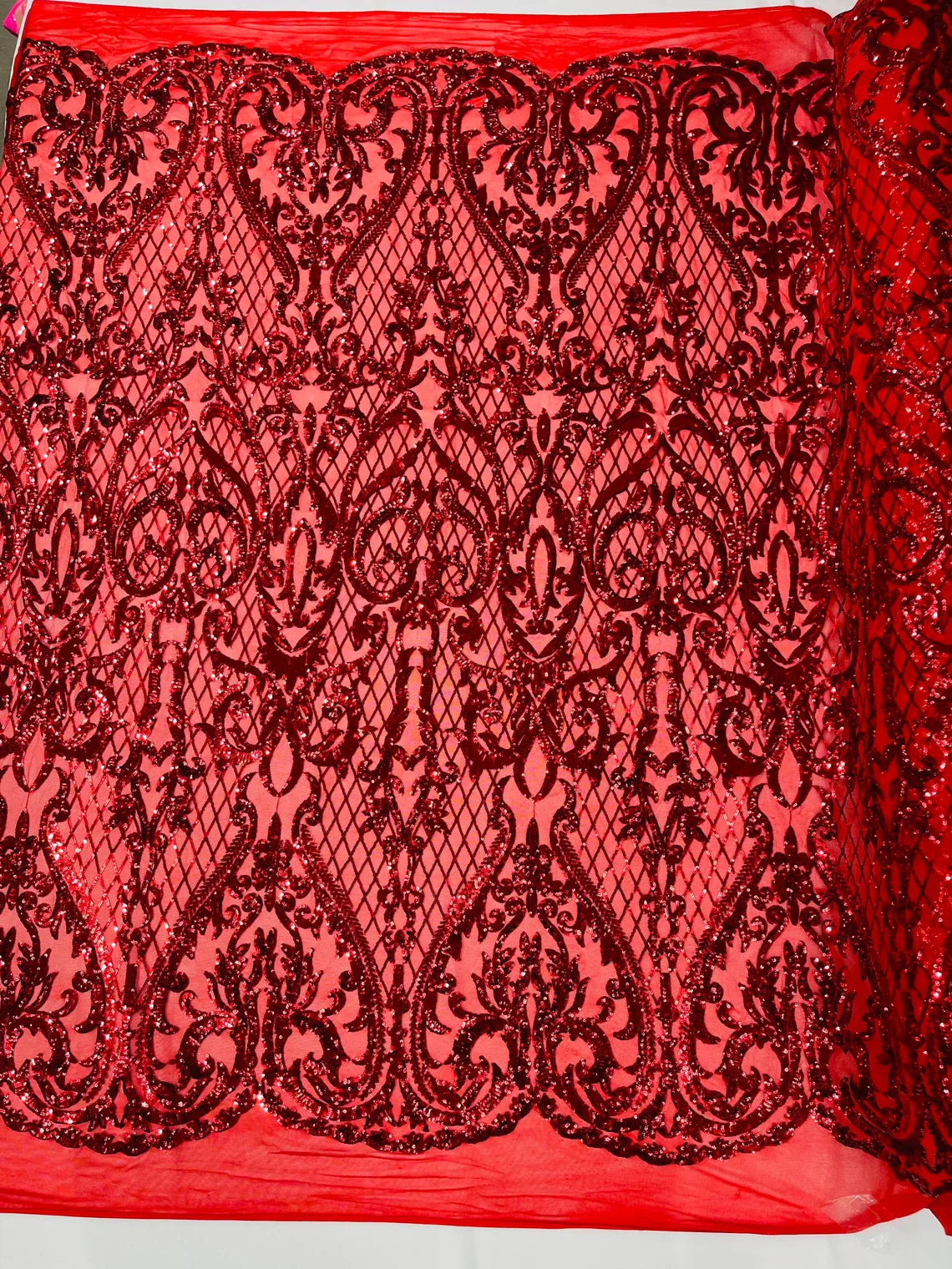 Heart Damask Sequins - Red - 4 Way Stretch Elegant Shiny Net Sequins Fabric By Yard