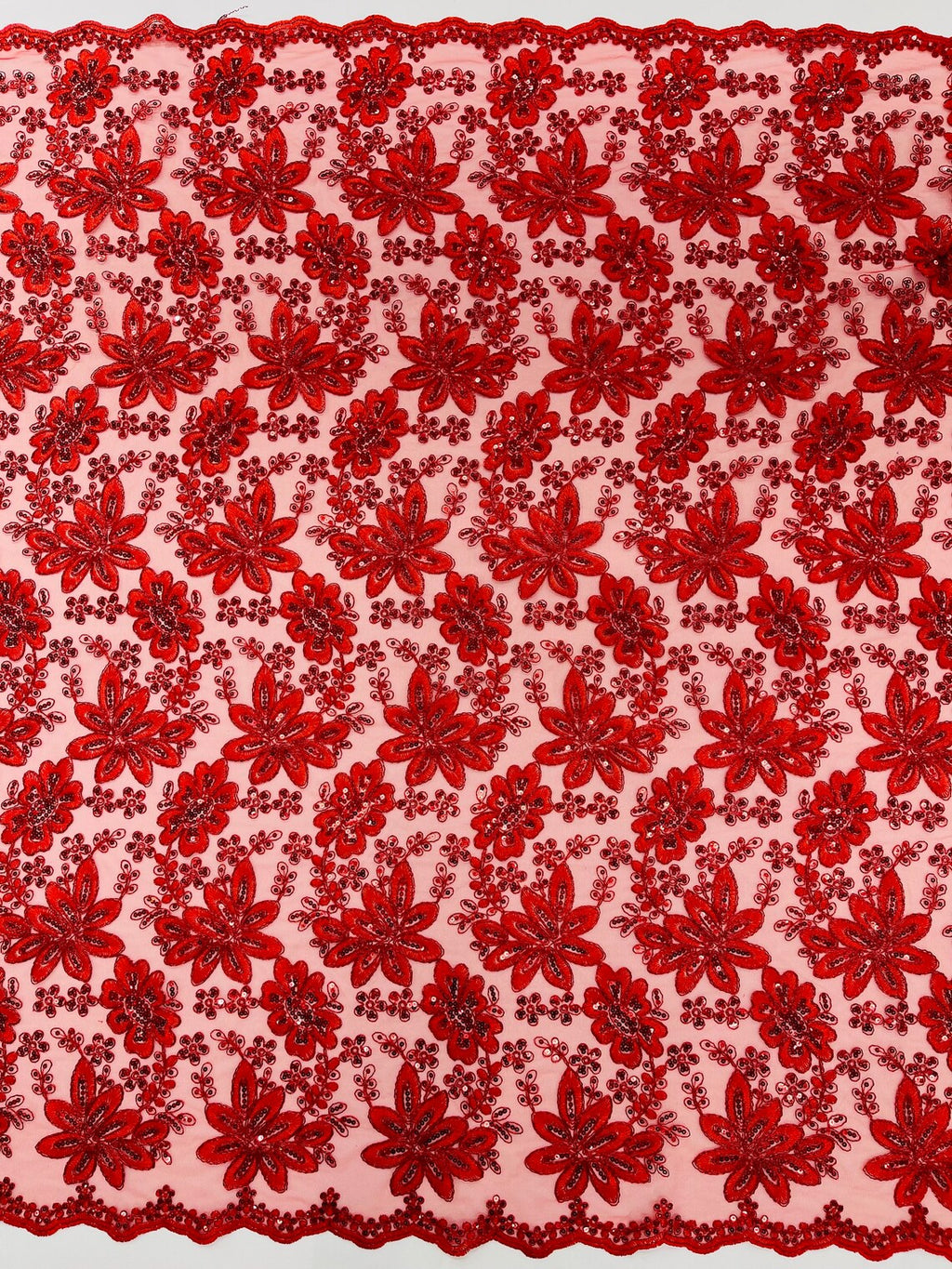 Corded Lace Floral Fabric - Red - Hologram Sequins Metallic Thread Floral Fabric by Yard