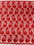 Corded Lace Floral Fabric - Red - Hologram Sequins Metallic Thread Floral Fabric by Yard