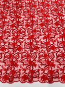 Small Flower Sequins Lace Fabric - Red - Embroidered Floral Pattern Fabric with Sequins on Lace By Yard