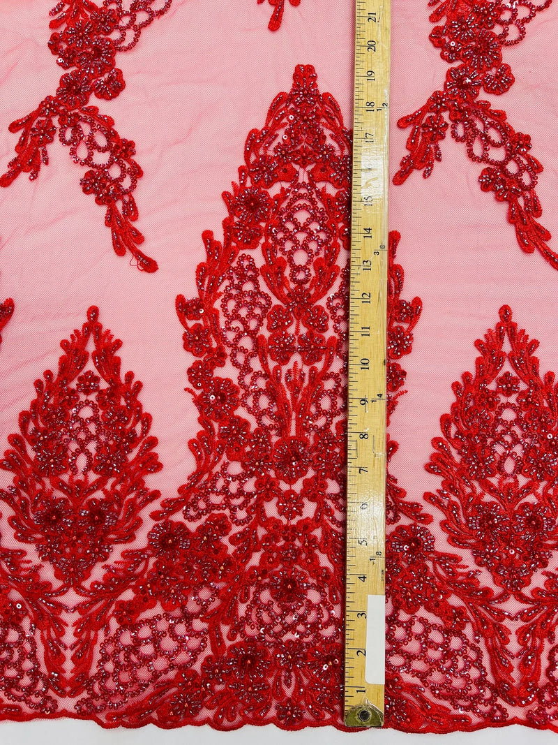 Heavy Bead Floral Fabric - Red - Beaded Flower Design Fabric Fancy Border By Yard