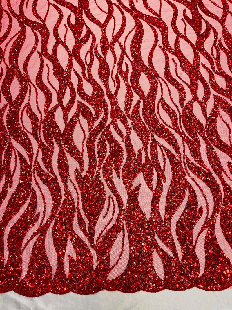 Fire Flames Design Bead Fabric - Red - Beaded Embroidered Fire Pattern Fabric By Yard