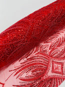 Beaded Lines Fabric - Red - Luxury Beads and Sequins Line Design Fabric By Yard