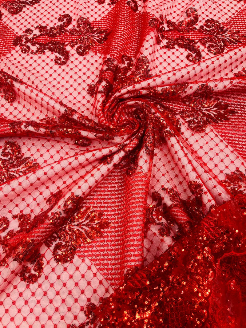 King Damask Design Fabric - Red - Embroidered Corded Mesh Lace Fabric with Sequins By Yard