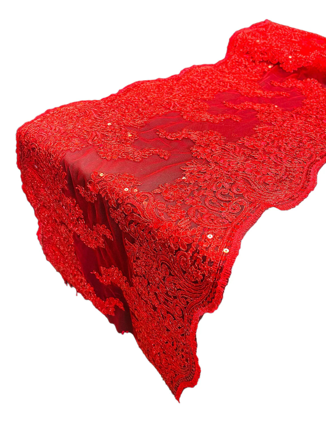 14" Metallic Floral Design Lace Table Runner - Red - Event Table Decor Runner Sold By Yard