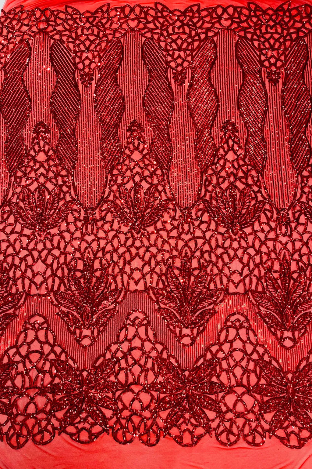 Elegant Floral Leaf Design - Red - 4 Way Stretch Sequins Lace Spandex Fabric By Yard