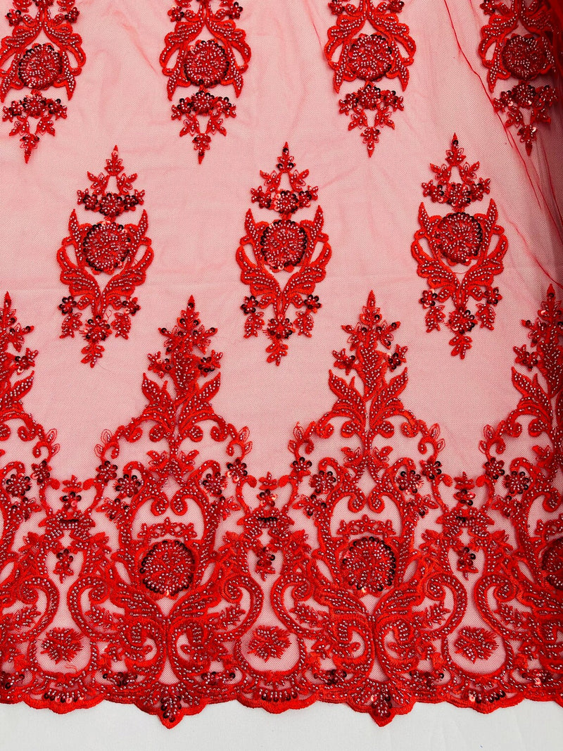 Floral Bead Embroidery Fabric - Red - Damask Floral Bead Bridal Lace Fabric by the yard