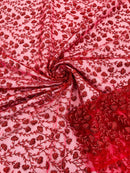 Shimmer Glitter Flower Fabric - Red - Small Glitter Flower Design on Lace Sold By Yard