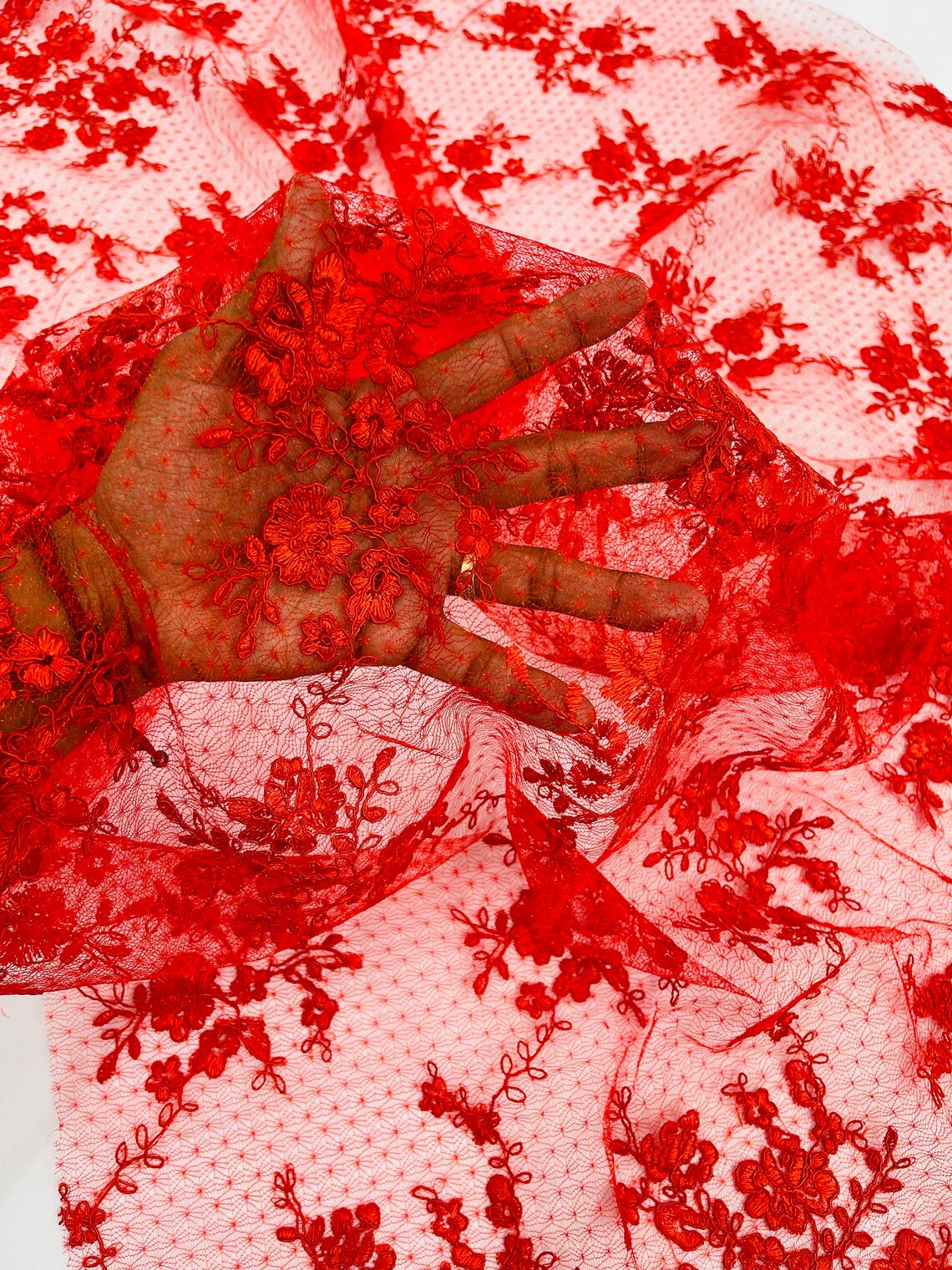 Embroidered Corded Lace Fabric - Red - Cluster Fancy Flower Embroidered Lace Fabric By Yard