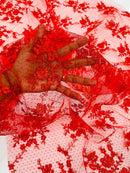 Embroidered Corded Lace Fabric - Red - Cluster Fancy Flower Embroidered Lace Fabric By Yard