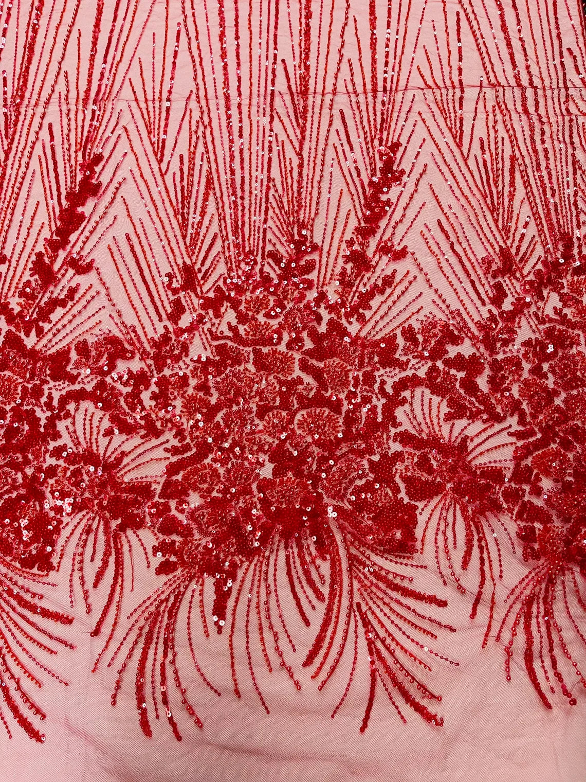 Beaded Floral Line Fabric - Red - Beaded Embroidered Lines and Flowers on Mesh By Yard