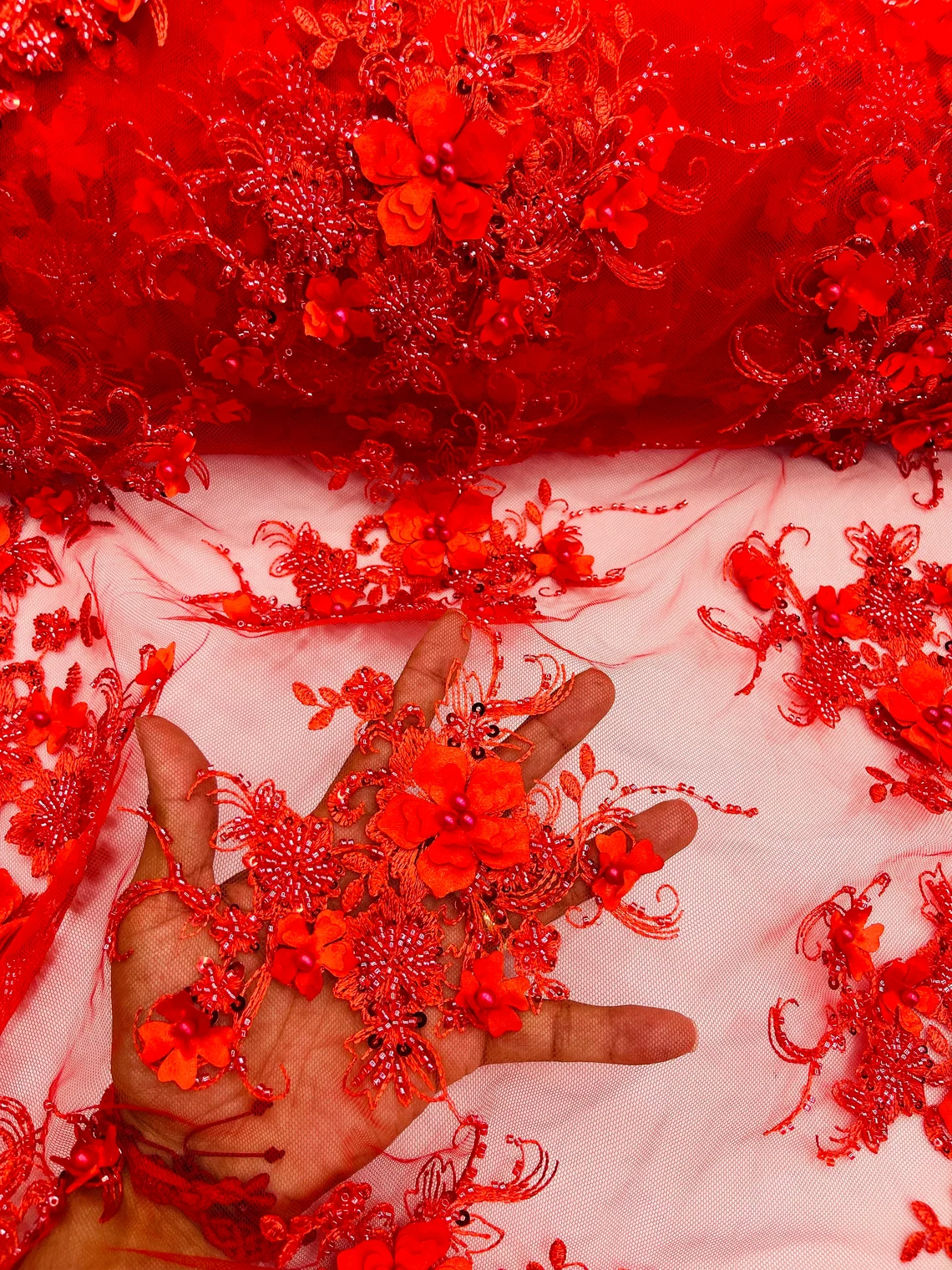3D Flower Sequins Design - Red - Embroidered Pearl Sequins Floral Clusters Lace Fabric By Yard