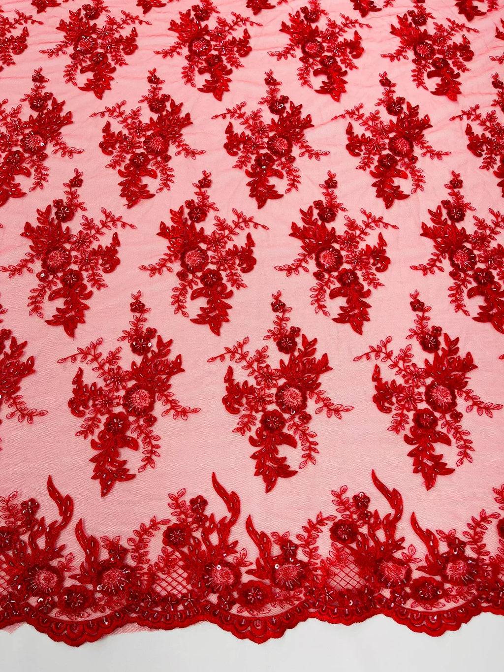 Beaded Flower Sequins Fabric - Red - Embroidered Beaded Floral Clusters Sequins Fabric By Yard