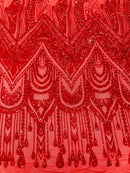 Zig Zag Design Sequins - Red - 4 Way Stretch Embroidered Zig Zag Sequins Lace Fabric By The Yard