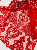 King Lace Pattern Fabric - Red - Embroidered Sequins on Lace Mesh Fabric By Yard