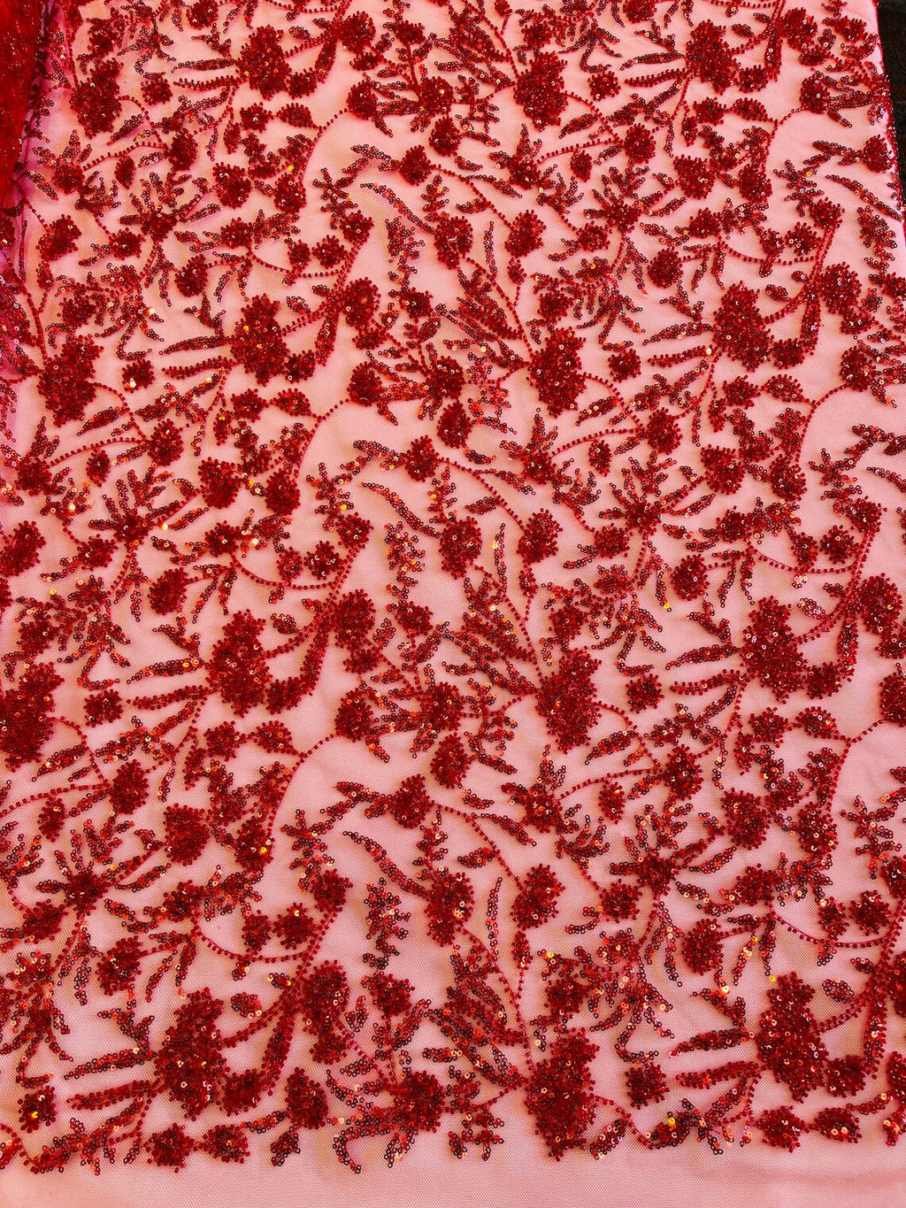 Beaded Floral Plant Design - Red - Embroidered Beaded Flower Plants Sequins Fabric By Yard