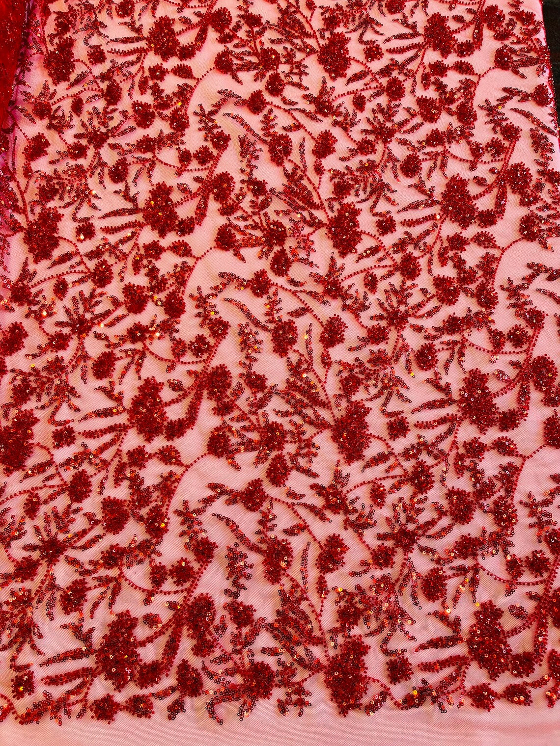 Beaded Floral Plant Design - Red - Embroidered Beaded Flower Plants Sequins Fabric By Yard