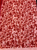 Beaded Floral Plant Design - Red - Embroidered Beaded Flower Plants Sequins Fabric By Yard