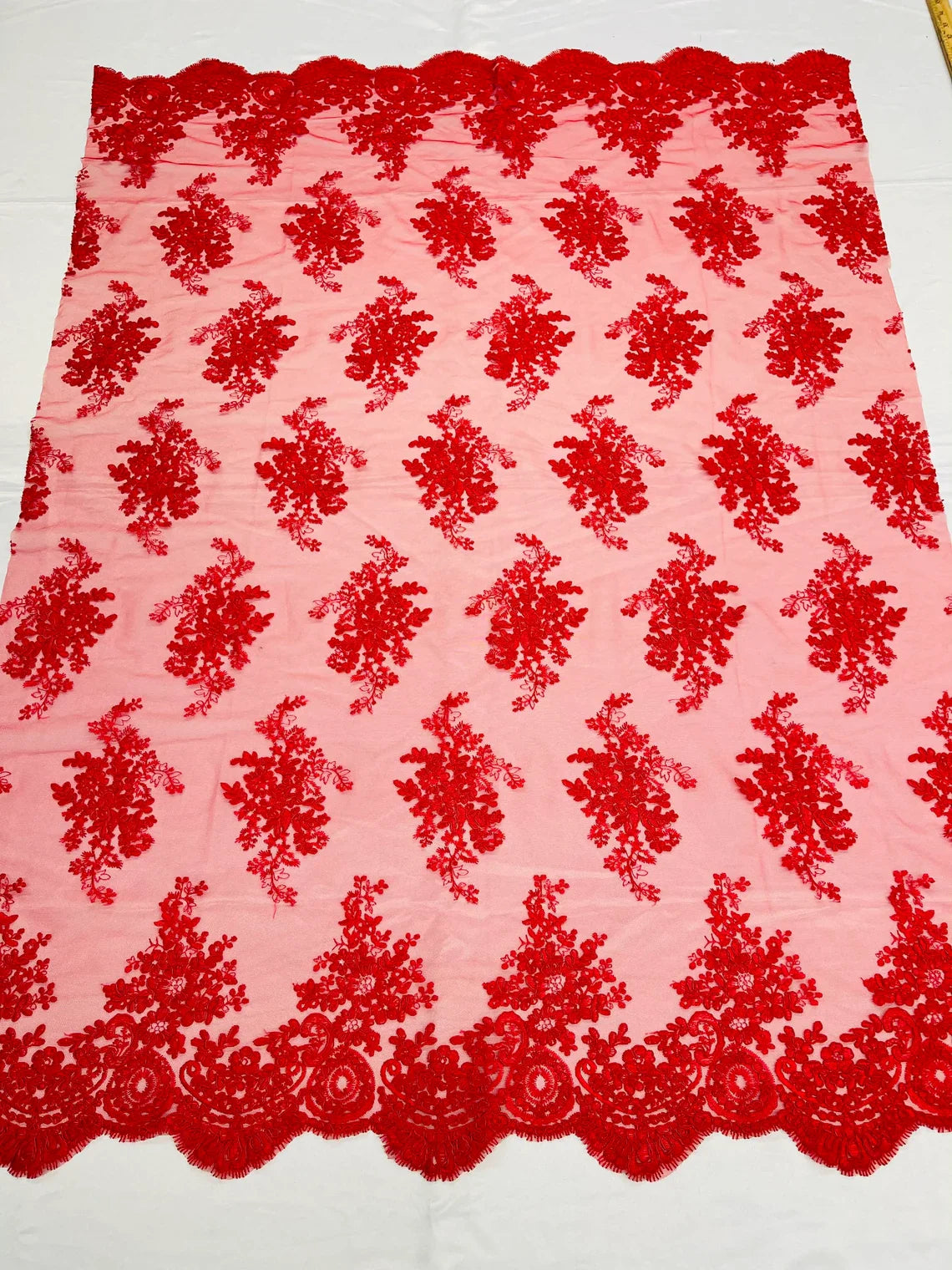 Flower Lace Fabric - Floral Clusters Embroidered Lace Mesh Fabric - 25 Yard Roll